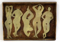 •AR Tessa Newcomb, (born 1955), Five female nudes, oil on wooden tray, initialled and dated 92 lower