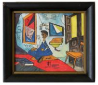 Modernist School (20th century), Interior scene with seated figure, watercolour, indistinctly signed