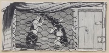 •AR Colin Self (born 1941), Two rabbits in a hutch, pencil and wash drawing, signed and dated 29/7/