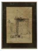 After Will Roberts, Building site with crane, black and white lithograph, 42 x 30cm