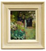 Philippa Bewley-Pope (20th century), Garden scene, oil on board, 25 x 21cm