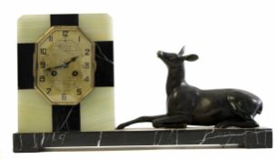 Art Deco marble clock with mounted spelter deer figure