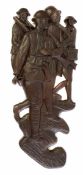 Peter H Watson, flat wood carving depicting two soldiers and two other figures, inscribed in felt