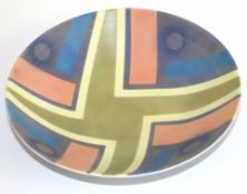 Peter Lane (born 1932), porcelain dry glaze bowl, geometric patterns in green, yellow, blue and