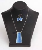 Artisan silver and powder blue enamel concave shield necklace and matching earrings (no silver or