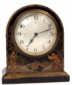 Early 20th century black lacquered mantel clock of arched form, chinoiserie decorated in gold, red