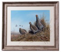Mark Chester (contemporary), "Autumn Call - English Partridges", acrylic, signed lower right,