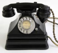 GPO vintage Bakelite telephone in black, model number 6BF, un-numbered paper label, light bulb