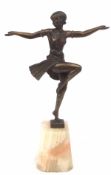 Art Deco period bronze spelter figure of a scantily dressed female dancer, complete with onyx plinth