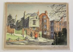 •AR Wilfred Rennie Wood (1888-1976), House with red postbox, coloured wood block, signed in pencil