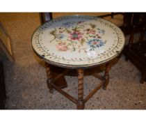 EMBROIDERED CIRCULAR TOPPED TABLE WITH BARLEY TWIST LEGS