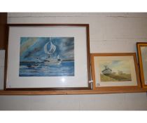 SMALL WATERCOLOUR OF FISHING BOATS, TOGETHER WITH A LARGE MIXED MEDIA PICTURE OF A SHIP