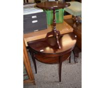 REPRODUCTION MAHOGANY DEMI-LUNE TWO-TIER SIDE TABLE TOGETHER WITH A REPRODUCTION WINE TABLE