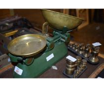 CAST IRON SET OF SCALES TOGETHER WITH A GRADUATED SET OF BELL WEIGHTS AND FURTHER SET OF WEIGHTS (3)