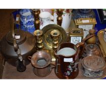 BRASS CARRIAGE CLOCK, COPPER KETTLE, BRASS CANDLESTICKS ETC