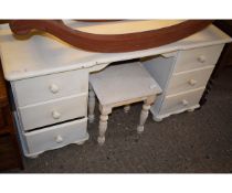 WHITE PAINTED PINE FRAMED TWIN PEDESTAL DRESSING TABLE WITH SIX DRAWERS, TOGETHER WITH MATCHING