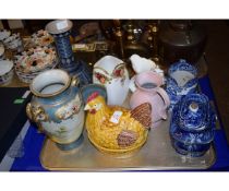 TRAY CONTAINING BLUE AND WHITE JUG, EGG CROCK, NORITAKE VASE, GERMAN VASE ETC