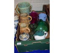 TRAY CONTAINING A STONEWARE JUG, DENBY GREEN WHEAT HOT WATER POT, GLASS VASE ETC