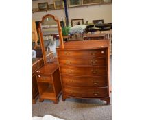 REPRODUCTION YEW WOOD THREE PIECE BEDROOM SET COMPRISING A FIVE DRAWER BOW FRONTED CHEST, A