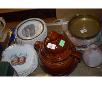 BROWN GLAZED TWO HANDLED TUREEN, COLLECTORS PLATES ETC