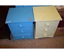 PAIR OF PINE FRAMED THREE-DRAWER CHESTS, ONE IN CREAM, THE OTHER IN BLUE WITH TURNED KNOB HANDLES