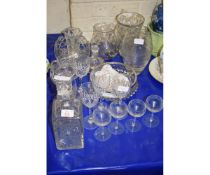 MIXED LOT OF GLASS WARES, DECANTERS, VASES ETC