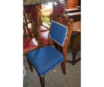 EDWARDIAN WALNUT CARVED DINING CHAIR WITH BLUE UPHOLSTERED SEAT AND BACK AND CARVED TOP RAIL