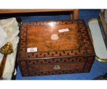 WALNUT INLAID TABLE TOP SEWING BOX WITH CONTENTS