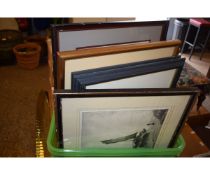 BOX CONTAINING MIXED PICTURES, ETCHINGS, PRINTS ETC