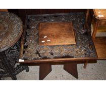 EASTERN HARDWOOD SQUARE FORMED SIDE TABLE WITH HEAVILY CARVED GRAPE AND VINE DETAIL ON A PLANKED