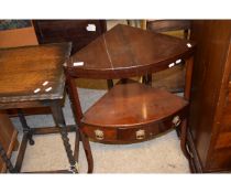 GEORGIAN MAHOGANY CORNER WASH STAND WITH SINGLE DRAWER WITH RINGLET HANDLES AND SPLAYED LEGS