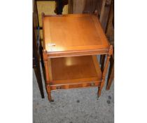 REPRODUCTION YEW WOOD TWO-TIER SIDE TABLE WITH SINGLE DRAWER WITH FOUR TURNED COLUMNS