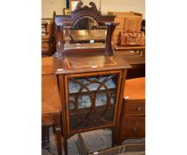 EDWARDIAN MAHOGANY MIRROR BACK SIDE CABINET WITH SWAN NECK PEDIMENT OVER GLAZED FRONT ENCLOSING