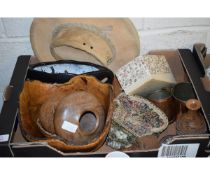 BOX CONTAINING MIXED TREEN BOWLS, HATS, COPPER MEASURES ETC