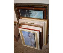 GROUP CONTAINING MIXED VICTORIAN GILT FRAMED ETCHINGS, MIXED PRINTS, WATERCOLOURS ETC