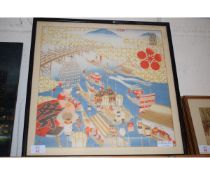 ORIENTAL SILK PRINTED PICTURE OF BARGES