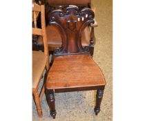 VICTORIAN MAHOGANY HALL CHAIR WITH ARMORIAL CARVED CREST TO BACK ON TURNED FRONT LEGS