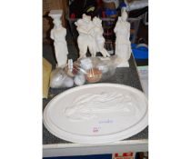 THREE RESIN CLASSICAL FIGURES TOGETHER WITH A PLASTER PLAQUE AND MIXED ONYX AND MARBLE EGGS