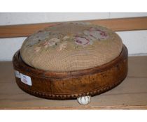 VICTORIAN WALNUT CIRCULAR SQUAT STOOL ON PORCELAIN FEET WITH EMBROIDERED TOP