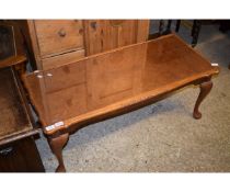 MAHOGANY FRAMED RECTANGULAR GLASS TOPPED COFFEE TABLE