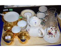 TRAY CONTAINING ROYAL WORCESTER GILT TWO HANDLED DISHES, T GOODE & CO SPODE PLATES ETC