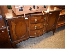 MAHOGANY FRAMED BOW FRONTED SIDEBOARD FITTED CENTRALLY WITH THREE DRAWERS FLANKED EITHER SIDE BY