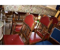 EARLY 20TH CENTURY OAK FRAMED SET OF FIVE DINING CHAIRS WITH RED LEATHER SEATS AND BACK COMPRISING
