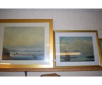 TWO FRAMED PICTURES OF MOORED BOATS, THE OTHER OF A WHERRY ON THE BROADS (2)