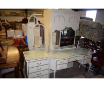 HARLEQUIN FIVE PIECE BEDROOM SUITE COMPRISING A FIVE DRAWER PILLAR CHEST, A KIDNEY SHAPED TRIPLE