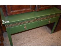 GREEN PAINTED SIDE TABLE WITH LIFT UP LID WITH TWO DRAWERS WITH GRECIAN KEY DETAIL