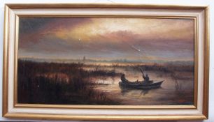 Wheeler, signed oil on canvas, Duck shooting at dusk, 50 x 100cm