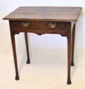 18th century oak side table, moulded edge over a single full width frieze drawer on tapering