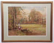 A F Perrin, RCA, signed watercolour, Mother and child on a stick bridge in country landscape, 45 x