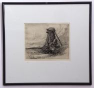 T B Cato, signed in pencil to margin, black and white etching, Landscape with mill, 20 x 25cm